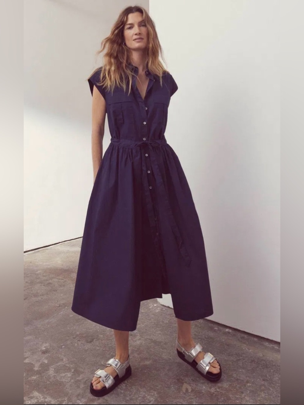 Mint Velvet Navy Blue Midi Shirt Dress with Drawstring Waist - size 12 - Picture 3 of 12
